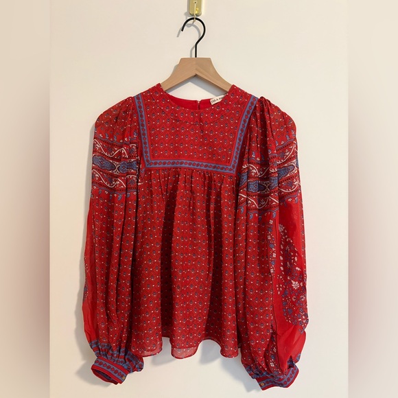 Ulla Johnson Tops - Ulla Johnson Red Blue Floral Paisley Silk Bohemian Blouse Size 0-2